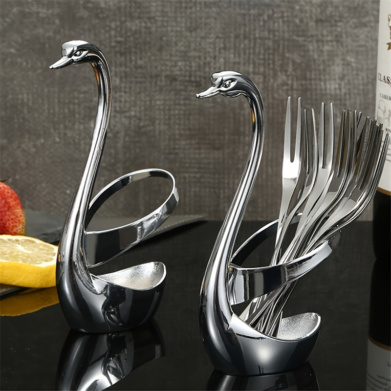 

Stainless Steel Swan Utensil Holder, Elegant Design, Ideal For Dessert, Fruit, Small Forks, Spoons - Perfect For Parties, Weddings, And Family Use - 1pc