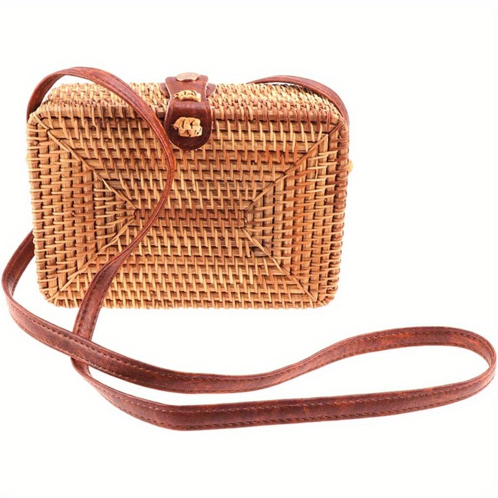 

Square Rattan Bag Straw Crossbody Shoulder Handbag Clutch With Leather Strap For Women Girls