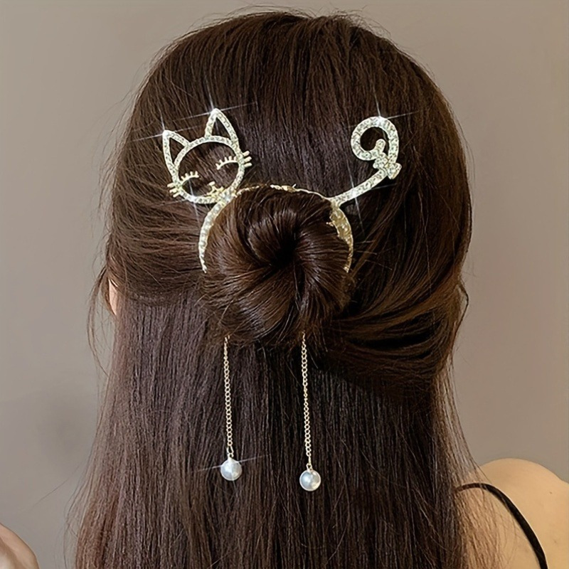 TEMU Elegant Alloy Hair Clips With Cat, Tassel Pearls Dangling, Lovely Round - Fashion Hair Clips Accessories For Women And Girls, Single Piece, Colour Matching Decoration