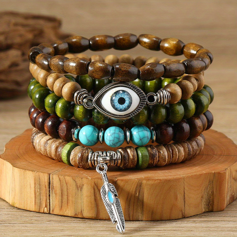 

5pcs Vintage Minimalist Devil's Eye Turquoise Feather Pendant With Wooden Bead Elastic Bracelet Set As A Thanksgiving Gift