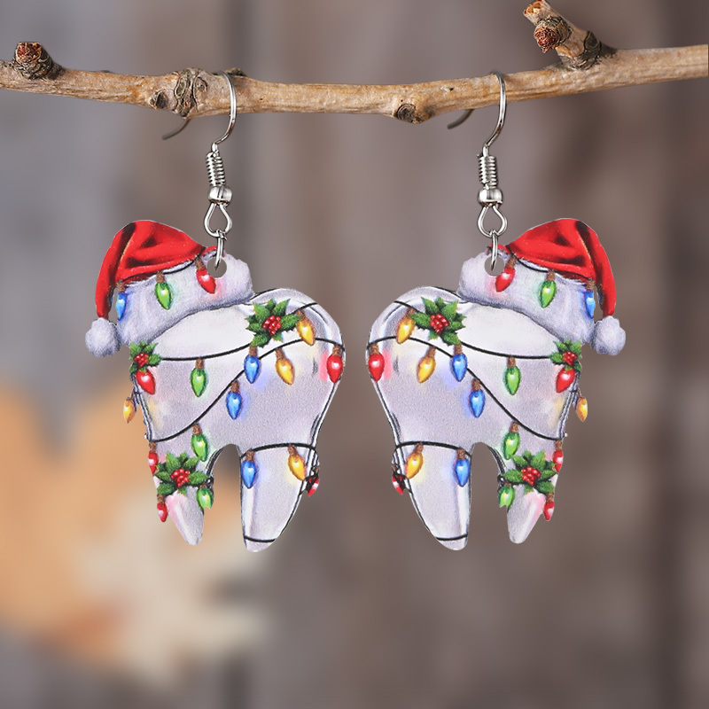 

Christmas Tooth With Santa Hat Wooden Dangle Earrings - Hypoallergenic Stainless Steel Hooks, Vintage Classic Style, Festive Lightweight Drop Earrings For Women, No Mosaic, All Seasons Holiday Jewelry