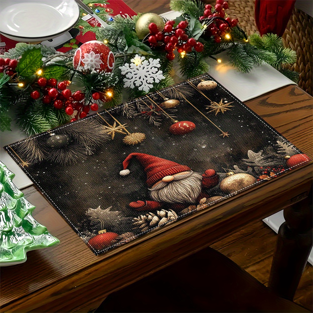 

Set Of 4 Christmas Gnome Placemats - Woven Linen Table Mats 16.5 X 12.6 Inches For Dining Room Decor, Hand Washable Rectangular Linen Place Mats For Home, Hotel, Banquet, And Holiday Settings