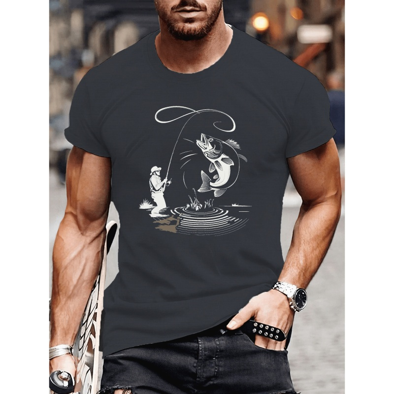 

T-shirt homme imprimé d'excitation de pêche - Tee de polyestère décontracté avec un d'étirement, tissu regular fit, design de motif géométrique, vetement détente été