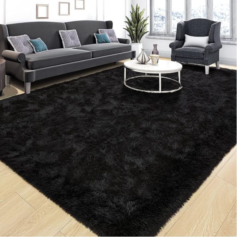 TEMU 1pc Indoor Large Shaggy Rug For Living Room Bedroom Dorm Home Decorative, Non-slip Plush Fluffy Furry Area Rugs Comfy Accent Floor Carpet, Black