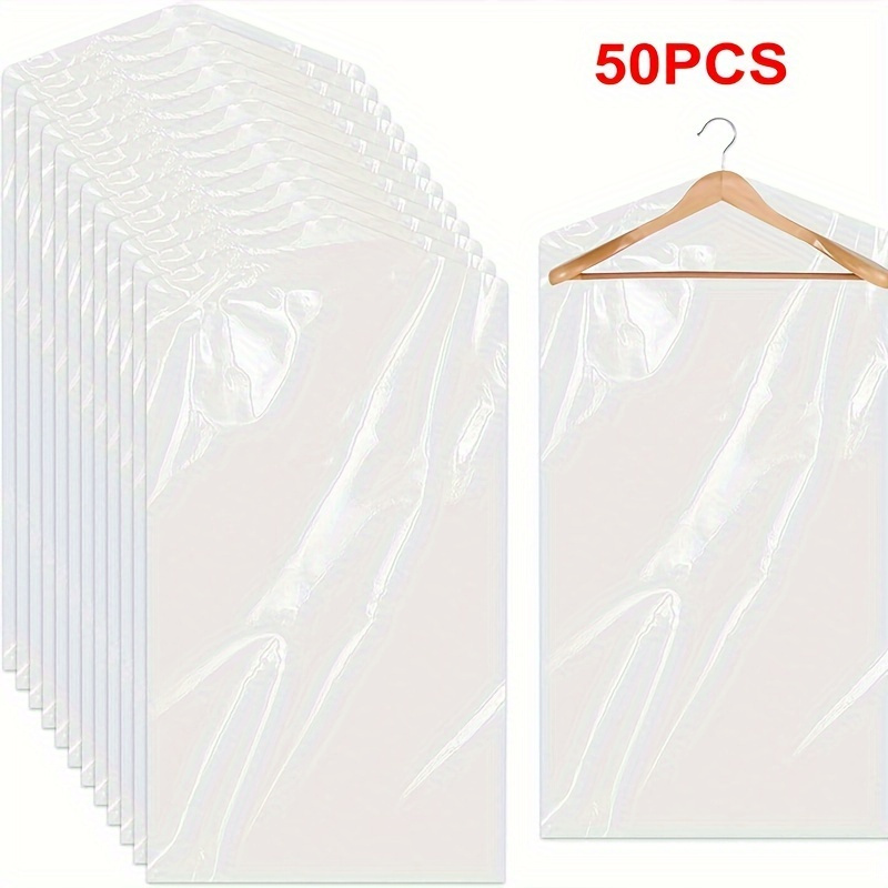 TEMU 50-pack Clear Plastic Garment Bags - Dust-proof Storage Covers For Clothes, Suits, Shirts, Dresses, Coats - Portable Wardrobe Organizer For Bedroom Closet And Dorm Storage - Wall Hanging Mount