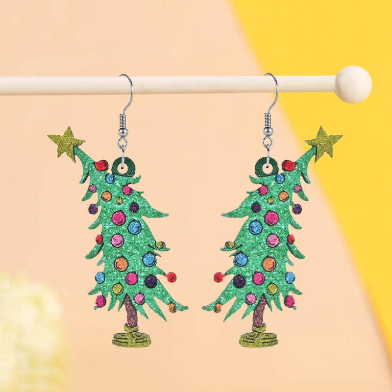 

1 Pair Jit Merry Christmas Green Tree Wooden Earrings, Colorful Ball Decor, Y2k Style, Stainless Steel Hooks, Festive Holiday Jewelry For Women And Girls, Perfect For Parties And Celebrations