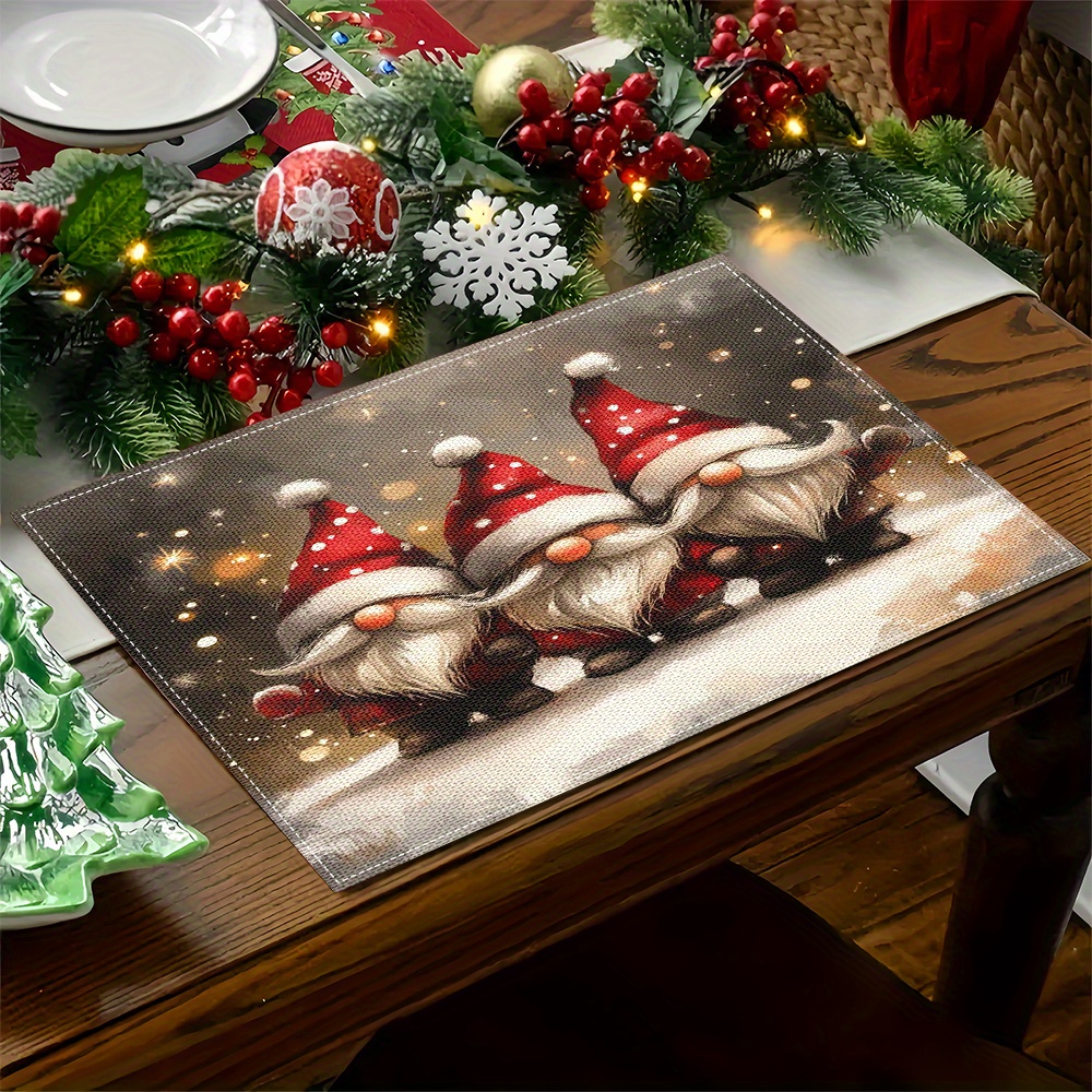 

Christmas Gnome Placemats Set Of 4, Hand-woven Linen Table Mats, Festive Santa Claus Dwarf Design, Rectangular Table Decor For Home, Party, And Restaurant Use - 42cm X 32cm