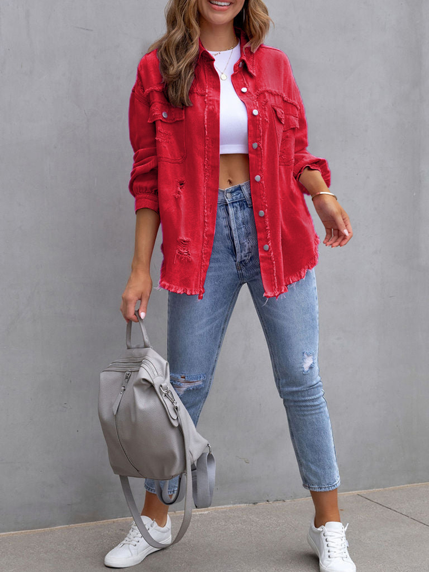 women's red ripped distressed denim jacket long sleeve Temu