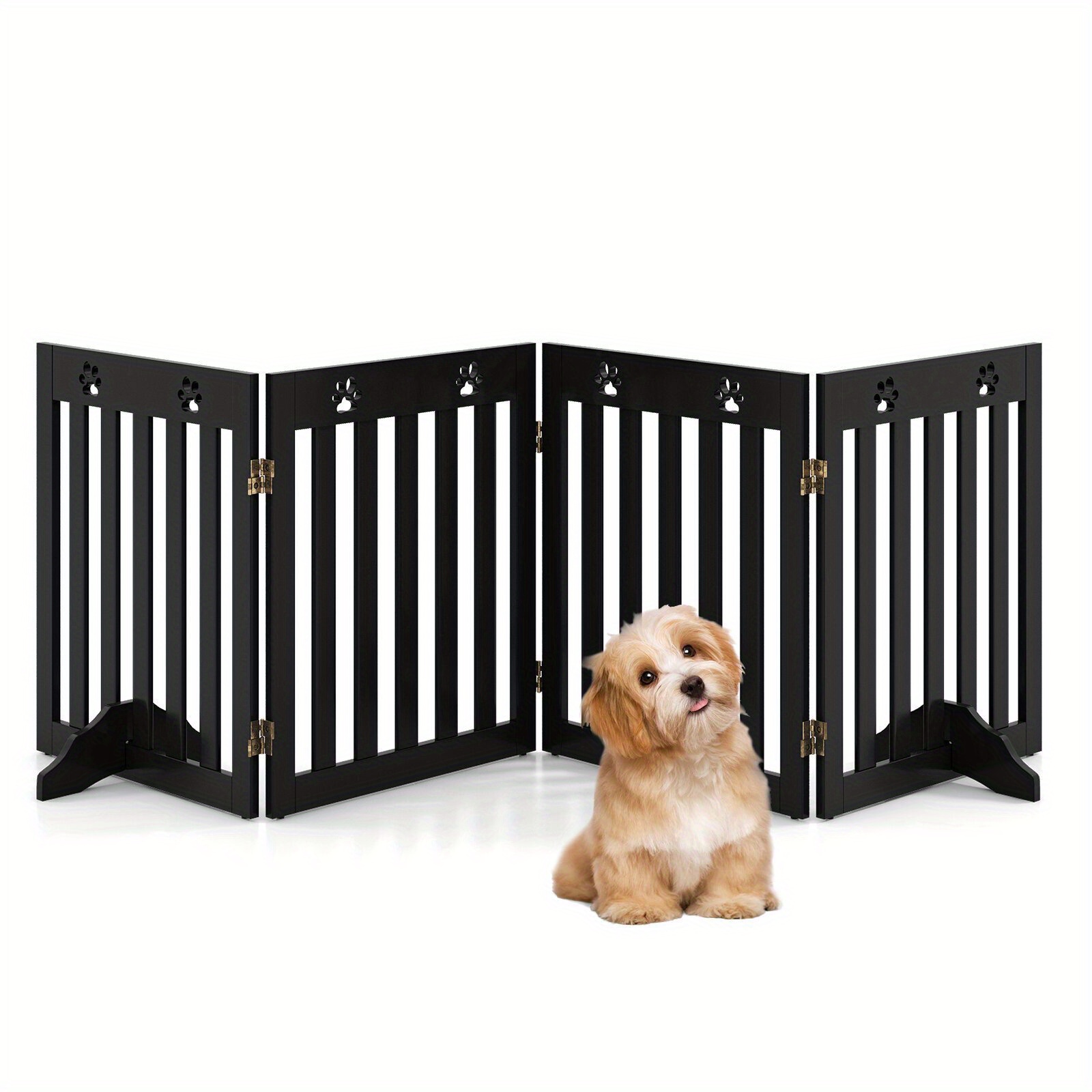 Image of 4-panel Dog Gate, Folding Pet Fence For Dogs Cats, Freestanding Dog Kennel With 2 Support Feet, Pet Safety Barrier For Stairs, Doorway & Kitchen, Brown