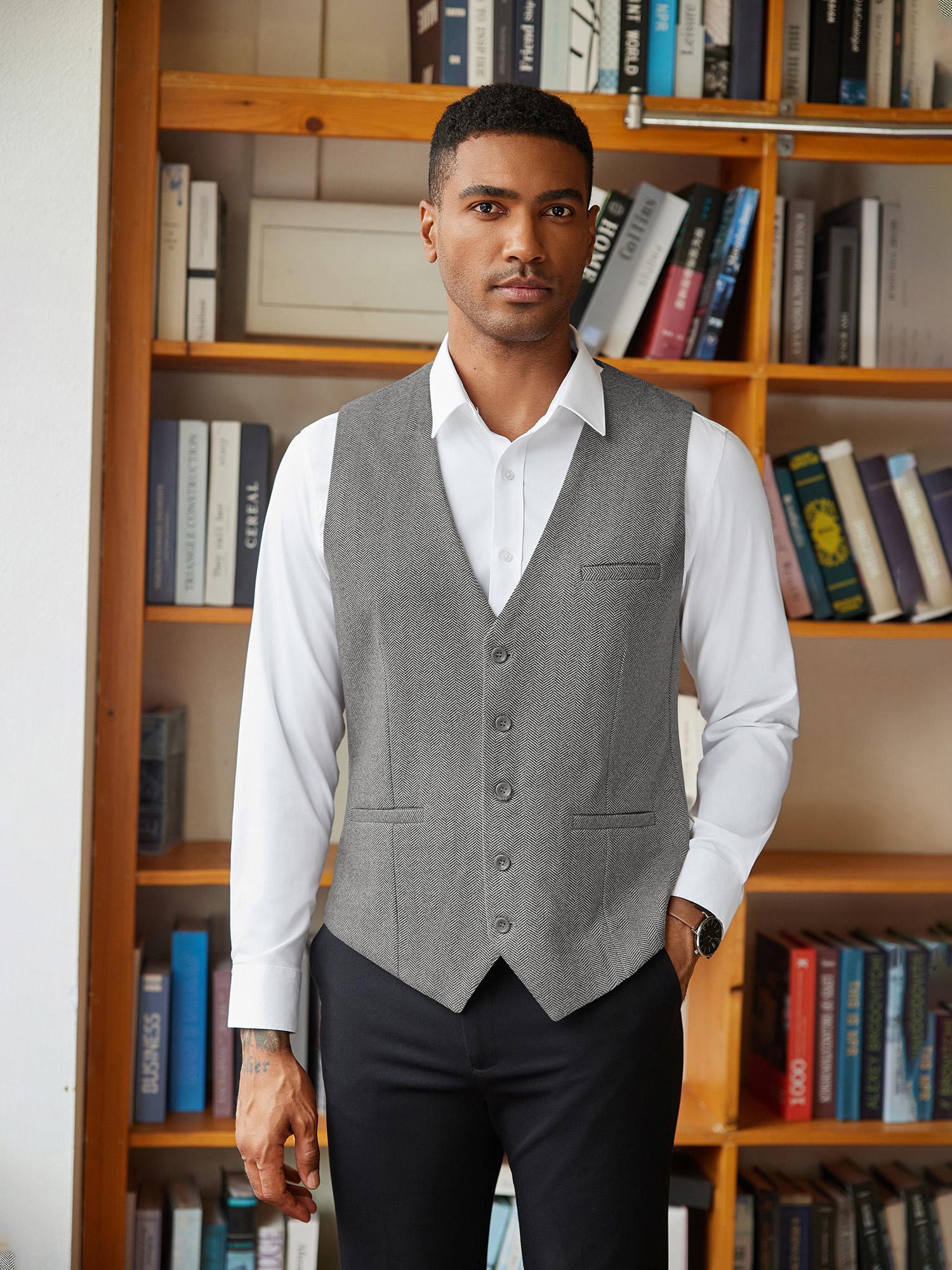 Plus Size Vests, Men's Suit Vests Slim Fit Herringbone Waistcoat Casual Business Dress Vest, Plus Size, image size:800x1067