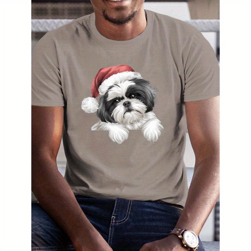 

Men's Plus Size Summer T-shirt, Shih Tzu In Santa Hat Graphic Print, Casual Short Sleeve Tee, Regular Fit, Polyester Knit Fabric, Round Neck, Trendy Daily Wear For Big & Tall Guys