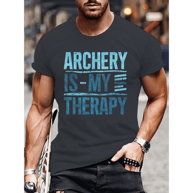 

Men's Casual Short Sleeve T-shirt, "archery Is My Therapy" Print, Polyester, Geometric Pattern, Regular Fit, Summer Fashion Top For Adults