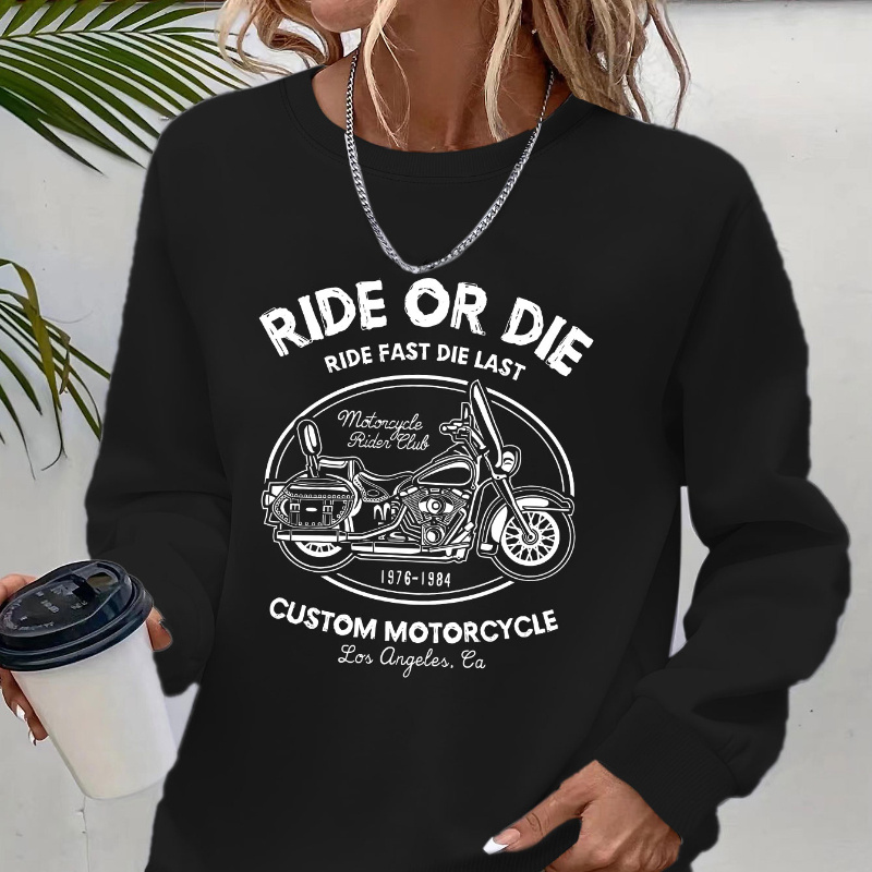 

Women's Casual Motorcycle & Letter Print Sweatshirt - Cozy Knit, Crew Neck, Long Sleeve Pullover For Fall/winter