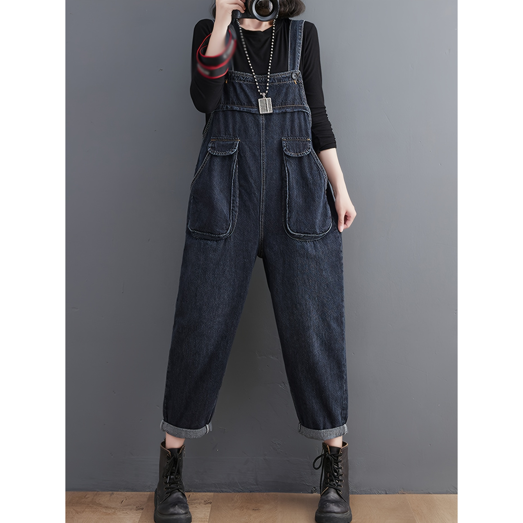 

Loose Washed Pocket Casual Retro Style Soft Adjustable Shoulder Strap Denim Jumpsuit Dungarees, Women's Jeans Clothing