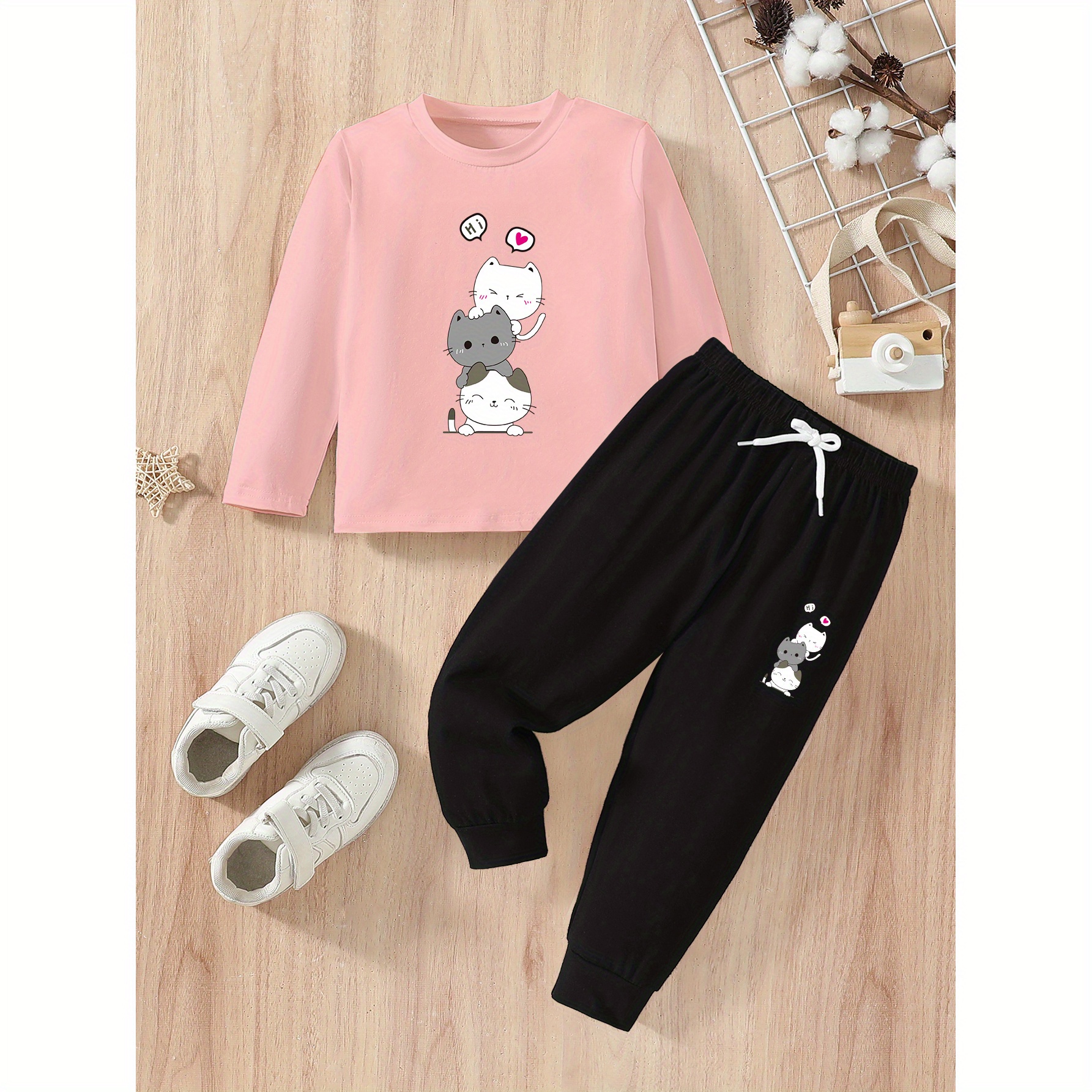 

Cat ' Outfit Set - Long Sleeve Tee & Drawstring, For Fall/, For