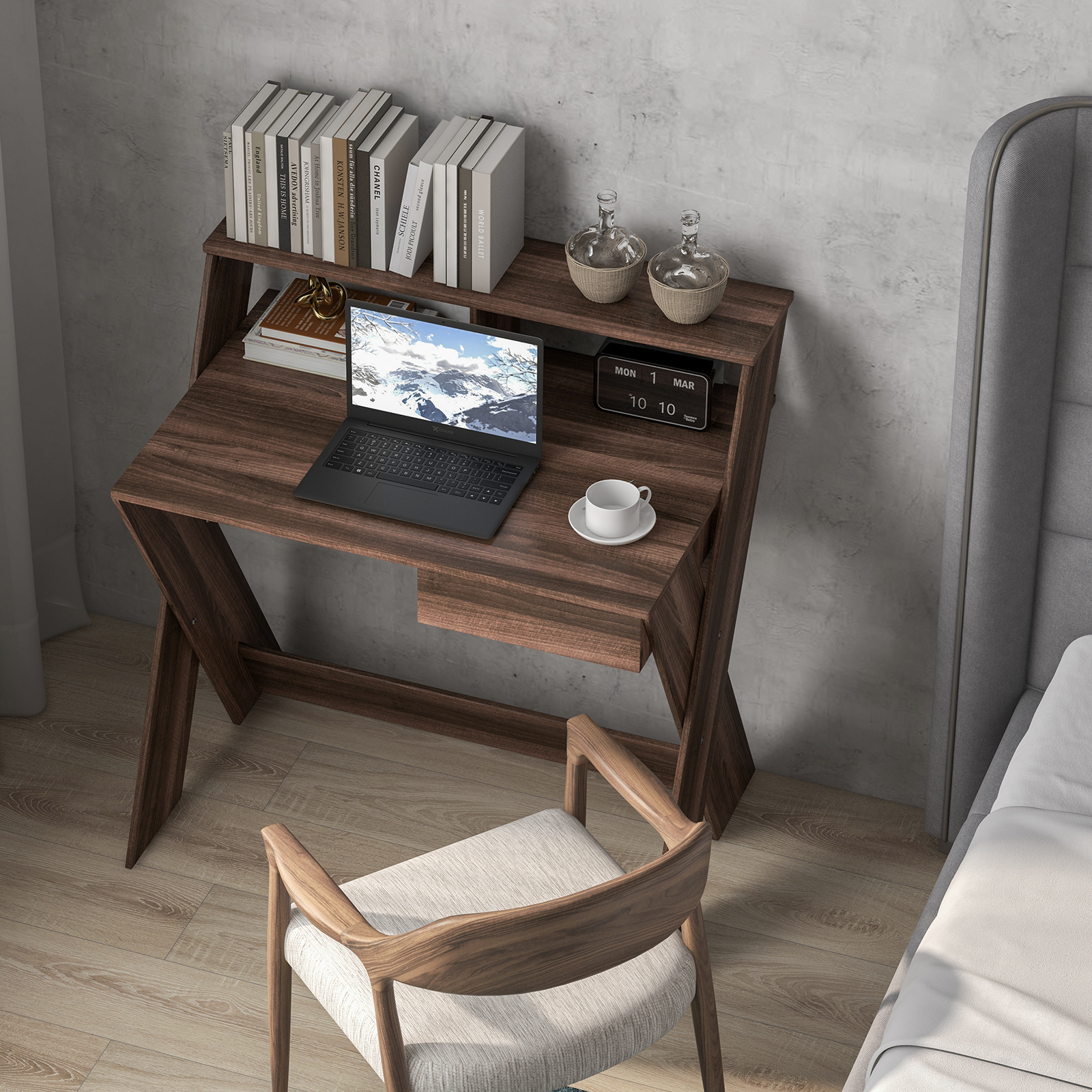 Computer Desk Study Writing Table Small Space w/ Drawer & Monitor Stand Walnut