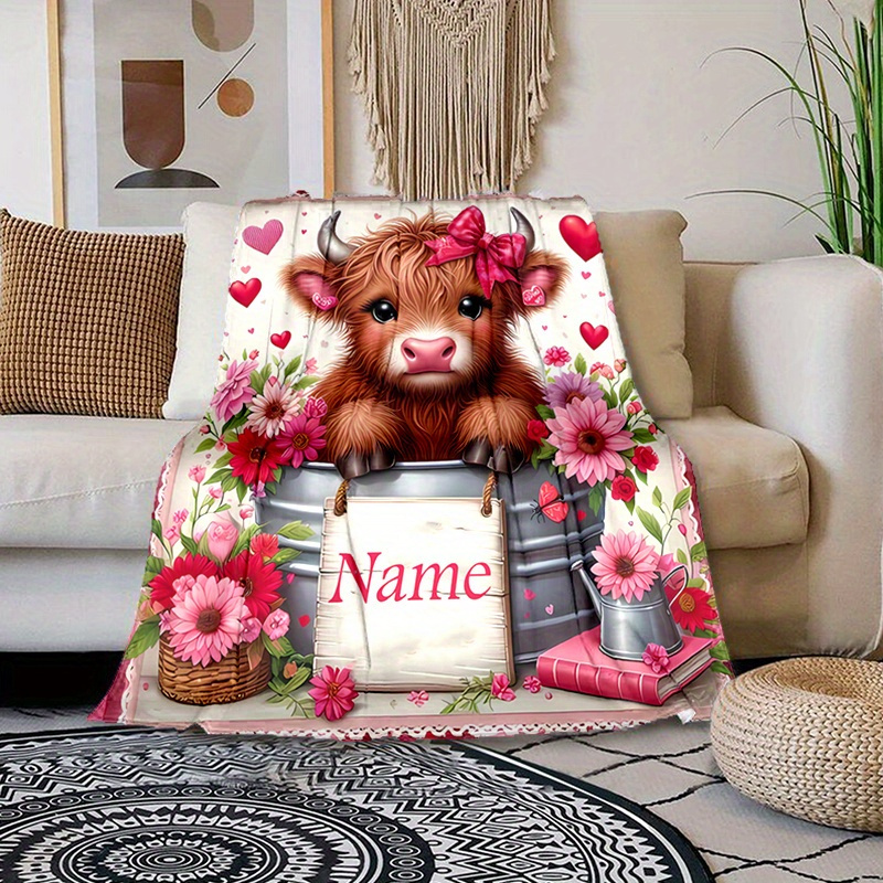 

Personalized Cute Cow And Floral Design Blanket With Custom Name – Cozy Polyester Chunky Knit Throw For All Seasons – Ideal For Naps, Camping, And Travel – Machine Washable And Hand Wash Friendly