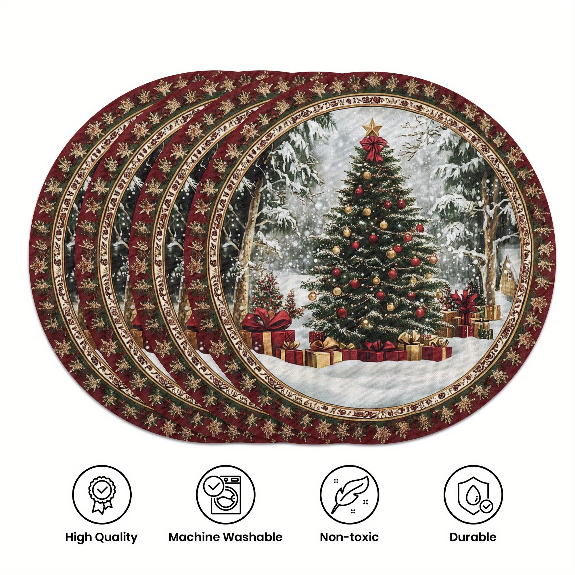 Image of ()4pcs, Winter Placemats-15-inch Round, Christmas Theme Element Pattern, Non-slip Heat Resistant, Is For Christmas Decorations Placemats, Festive Dining And Furniture Decoration