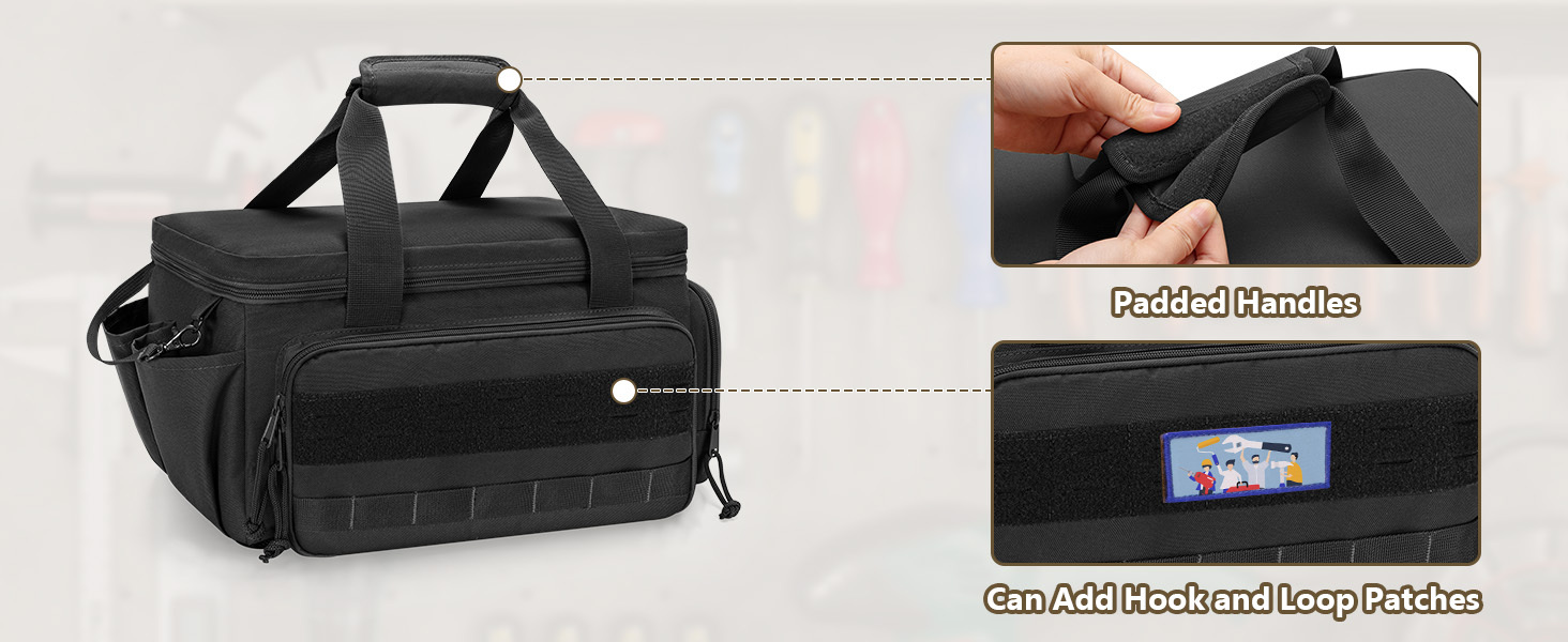 14 inch   fabric tool bag for men anti abrasion base   organizer for electrician   work tote for repair maintenance and handyman use non waterproof black tool storage bag details 4