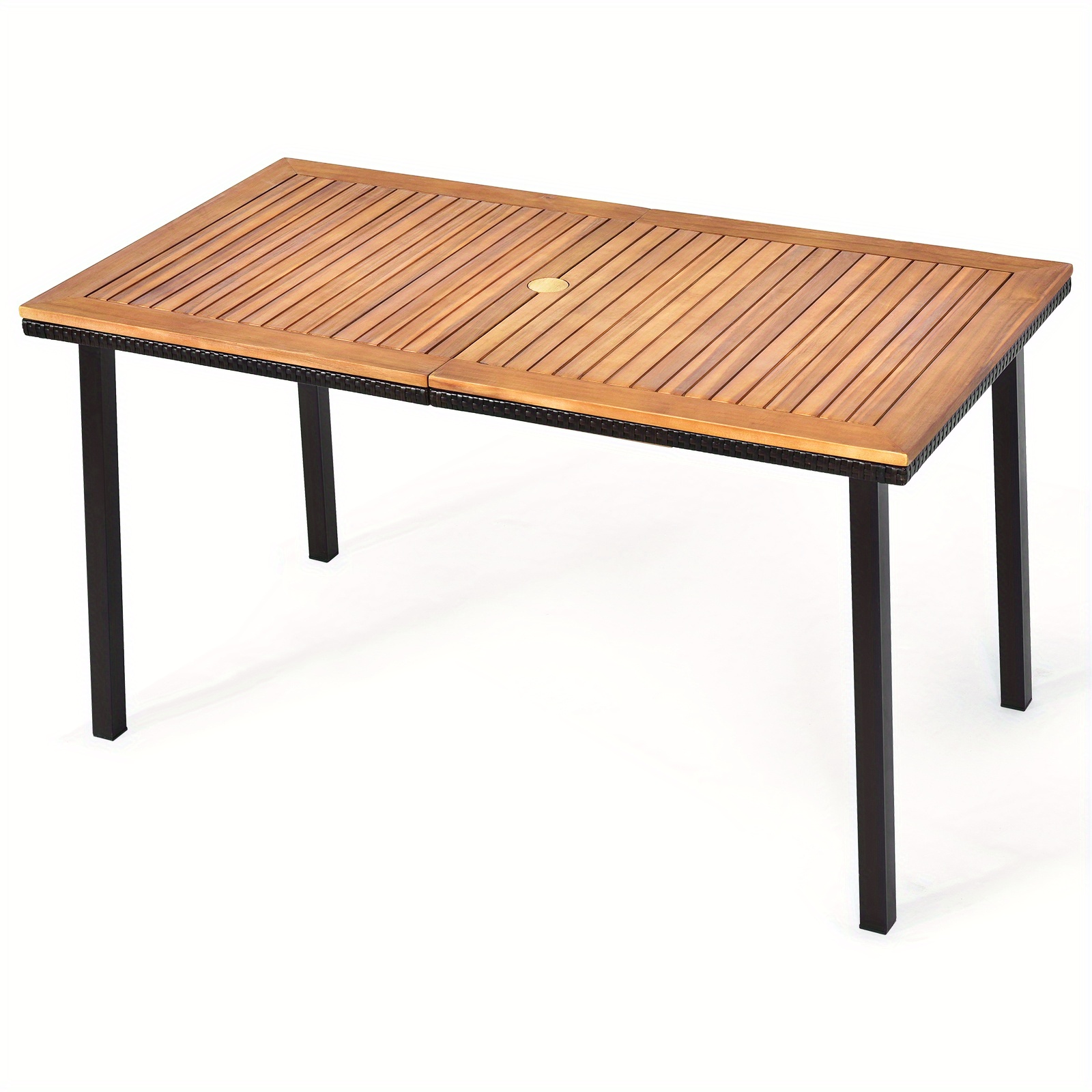 Patio Acacia Dining Table, Outdoor Rectangle Acacia Dining Table With Hard Wood Desktop, Steel Frame And Umbrella Hole, Perfect For Outdoor Entertaining, Suitable For Deck, Backyard