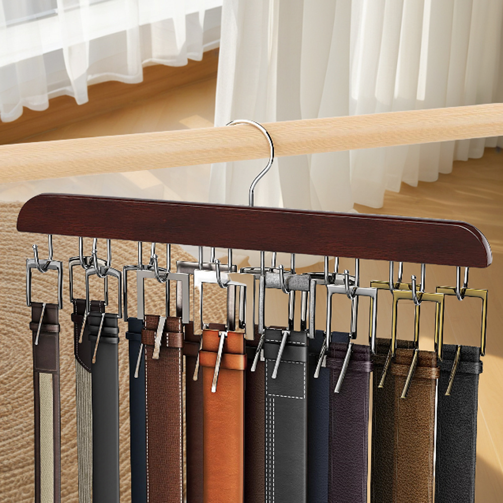 

Space-saving Wooden Belt Rack With 14 Hooks - Hanger For Belts, Ties, Scarves & More - To 42 Items, Home Storage, Suspenders, Hats Storage, Organizer