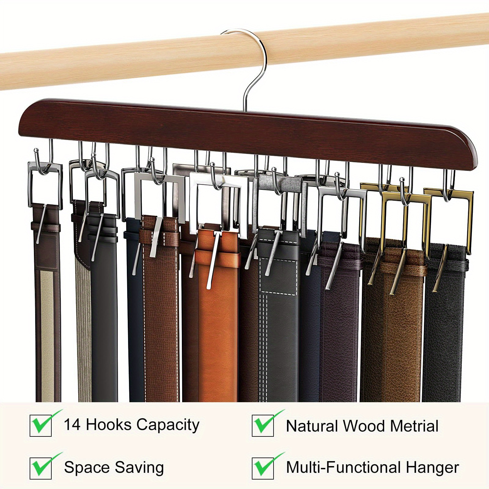 space saving wooden belt rack with 14 hooks versatile hanger for belts ties scarves more   organizer details 0