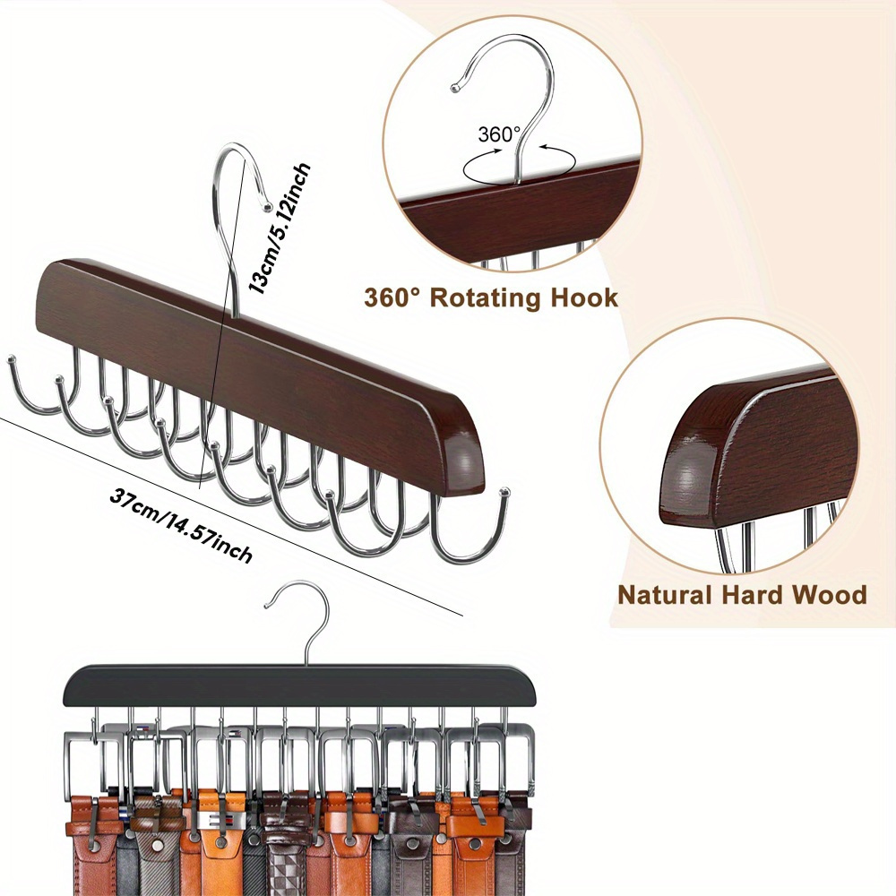 space saving wooden belt rack with 14 hooks versatile hanger for belts ties scarves more   organizer details 2