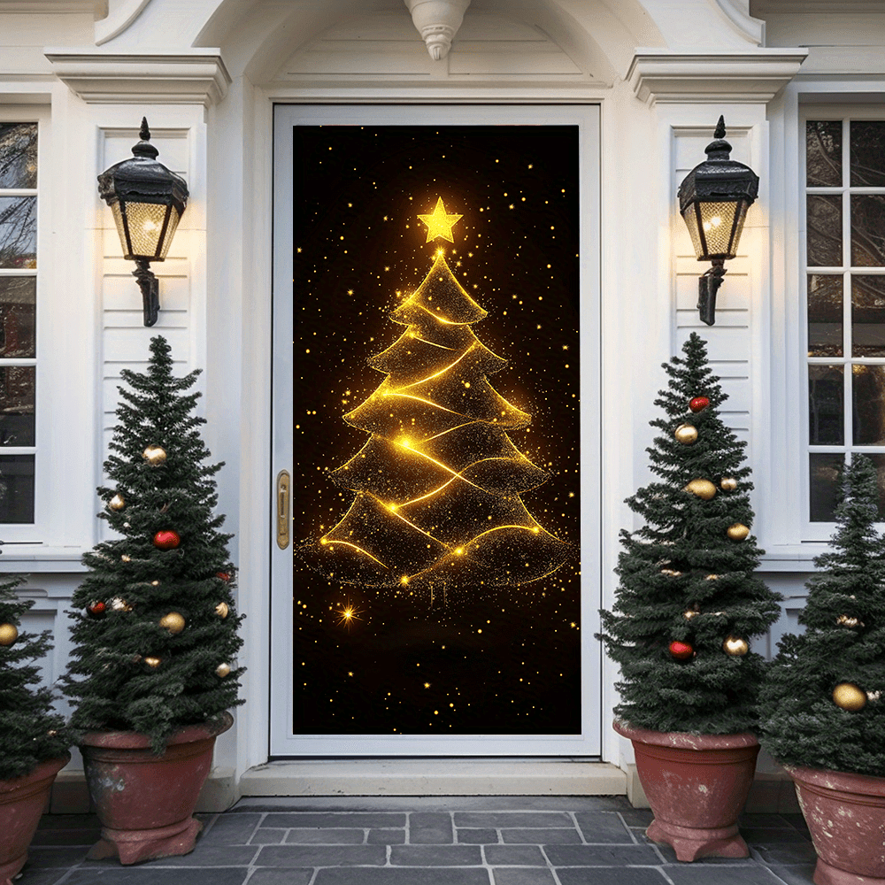 

2d Door Banner Polyester Light-up Christmas Tree Door Cover, 100% Polyester Entryway Decor, No Electricity Needed, Indoor & Outdoor Holiday Decoration