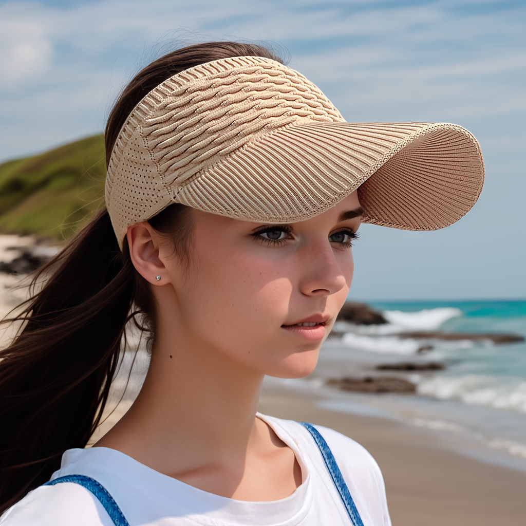 womens lightweight knit sun visor hat breathable elastic solid color polyester ideal for   activities   in black white   beige summer hat versatile fashion accessory comfortable wear foldable sun hat details 0