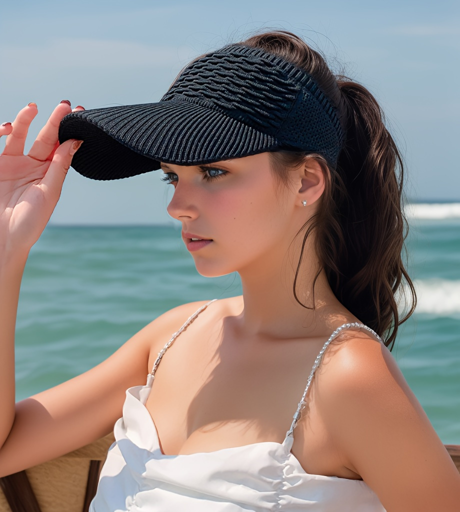 womens lightweight knit sun visor hat breathable elastic solid color polyester ideal for   activities   in black white   beige summer hat versatile fashion accessory comfortable wear foldable sun hat details 1