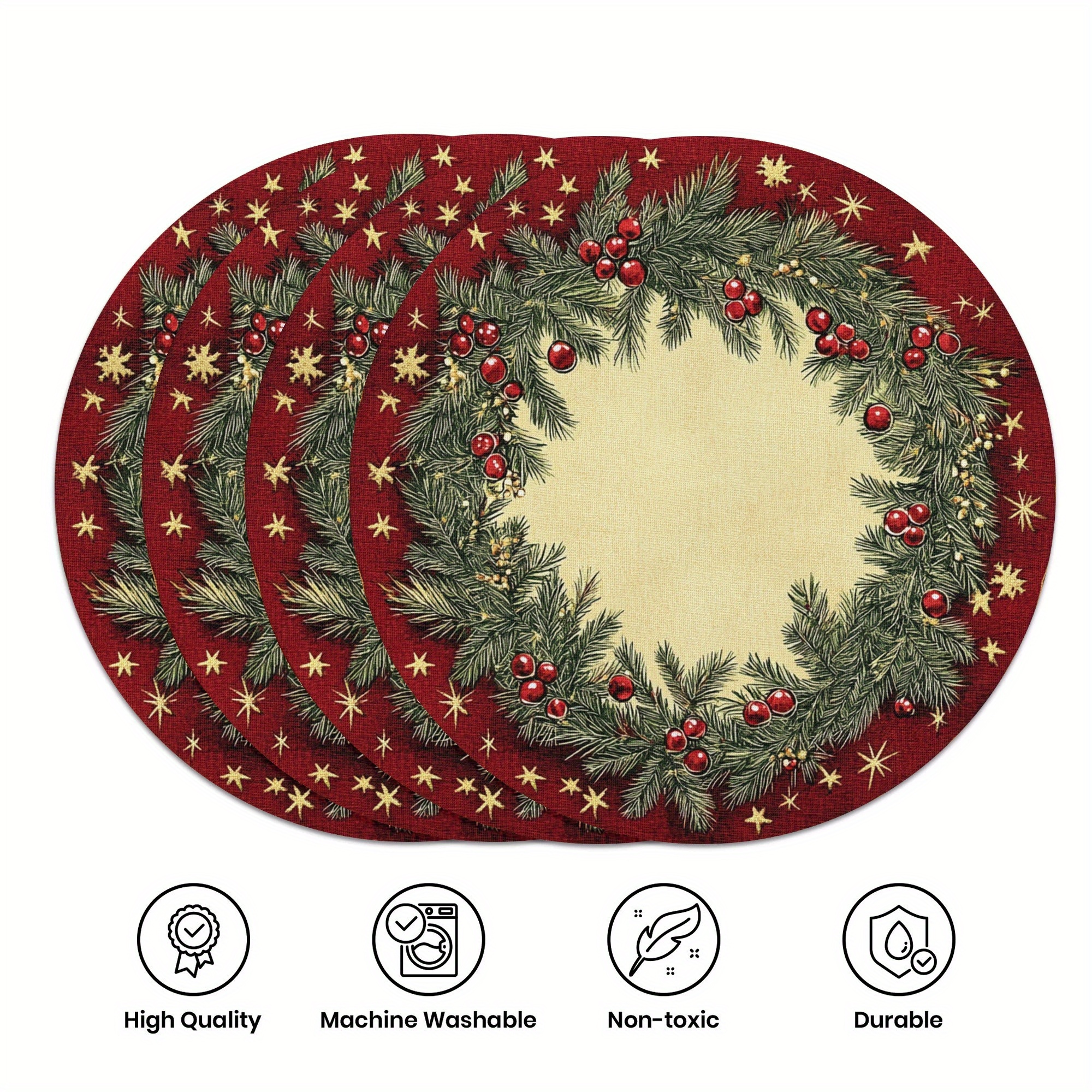 

4-pack Round Linen Placemats 15" - Hand Woven, Heat-resistant, Non-slip, Christmas Wreath Design For Holiday Dining & Decor, 100% Linen Table Mats With Care Instructions