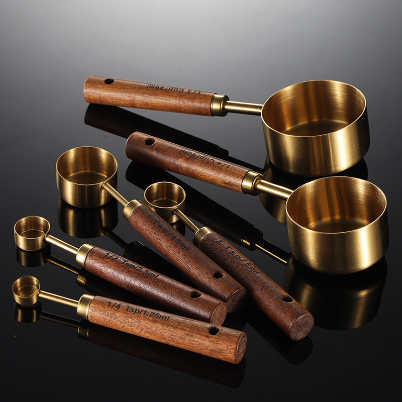 8pcs Stainless Steel Measuring Cup And Spoon Set With An Acacia Wooden Handle, Durable Kitchen Baking Tools, Including And Coffee Spoon, Design For