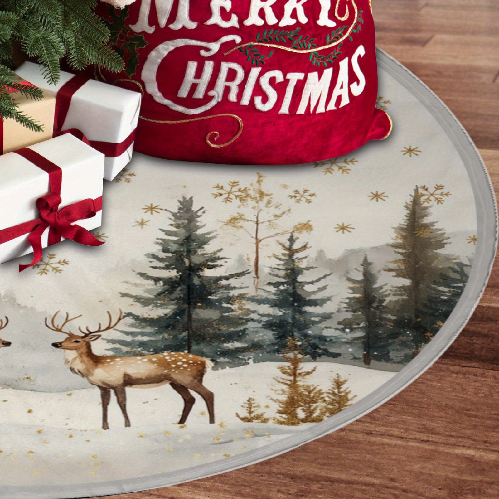 

Rustic Gray Christmas Tree Skirt With Reindeer & Snowflakes - Polyester, For Home Decor