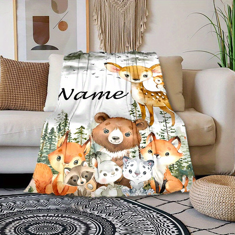 

Custom Name Printed Blanket: Adorable Animal Forest Design - Perfect For Naps, Camping, And Travel - Suitable For All Seasons - Made Of Soft And Warm Polyester