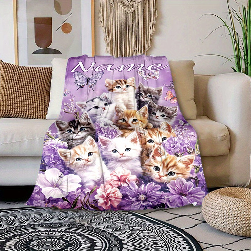 

Custom Name Personalized Cat And Butterfly Blanket, Soft Polyester Chunky Knit, Machine Washable, Season-neutral Comfort For Napping, Camping, And Travel - Memorable Gift For Family And Friends