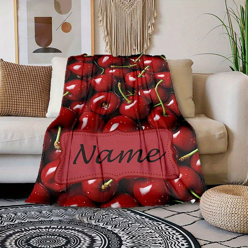 

Personalized Cherry Design Chunky Knit Blanket With Custom Name – Soft Polyester Fiber, All-season Warmth, Ideal For Napping, Camping, Travel – Machine Washable, Uncharged, Non-carpet Throw