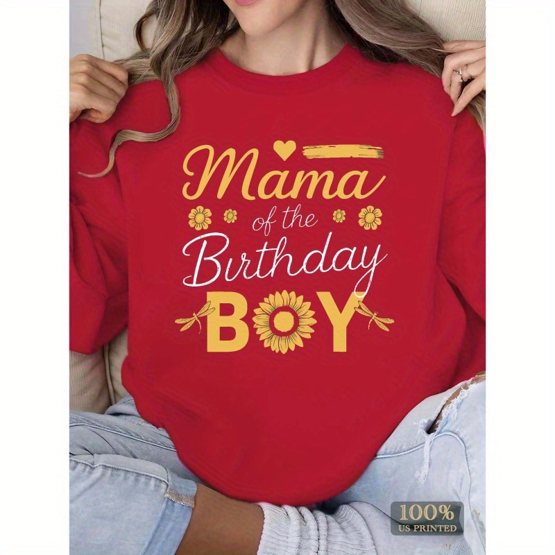 

Women's Polyester Crew Neck Sweatshirt With Mama Of The Birthday Boy Graphic Print, Casual Knit Fabric Top For Fall/winter