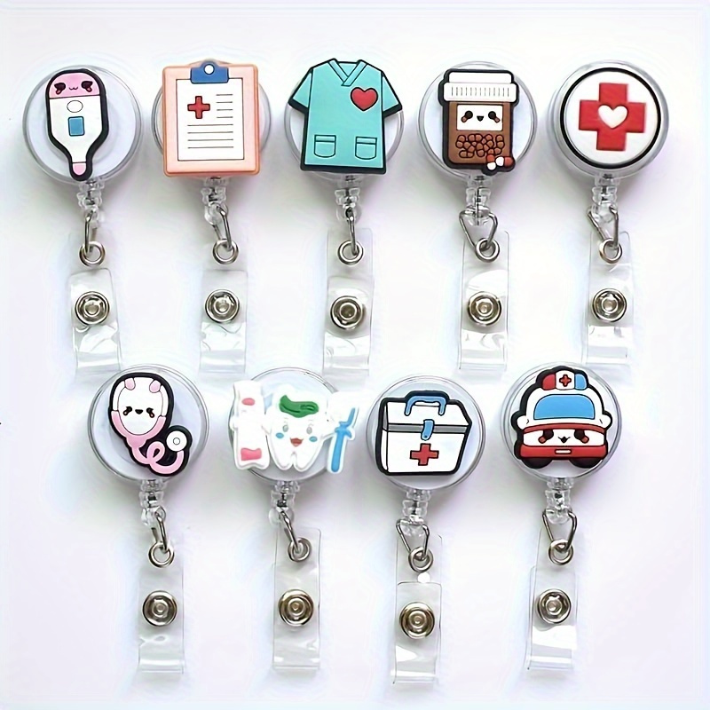 

9-pack Adorable Cartoon Nurse Badge Reel Set - Durable Pvc Retractable Id Badge Holders With Keychain For Professionals