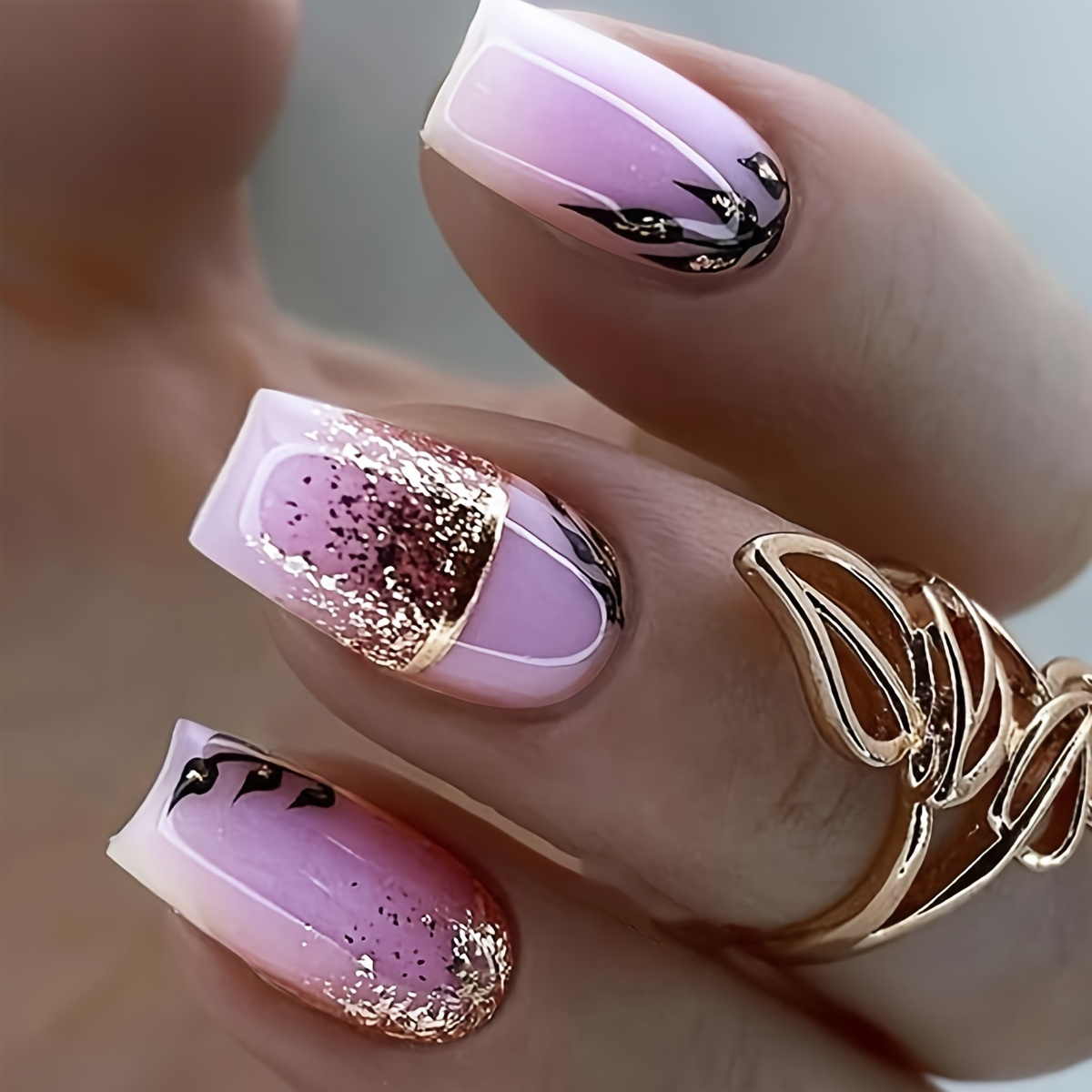 

48 Pieces Purple Short Square Acrylic Fake Nails With Gold Thread Design Leaf Pattern, Spring Nail Decoration For Women And Girls, Comes With Jelly Glue And Nail Files