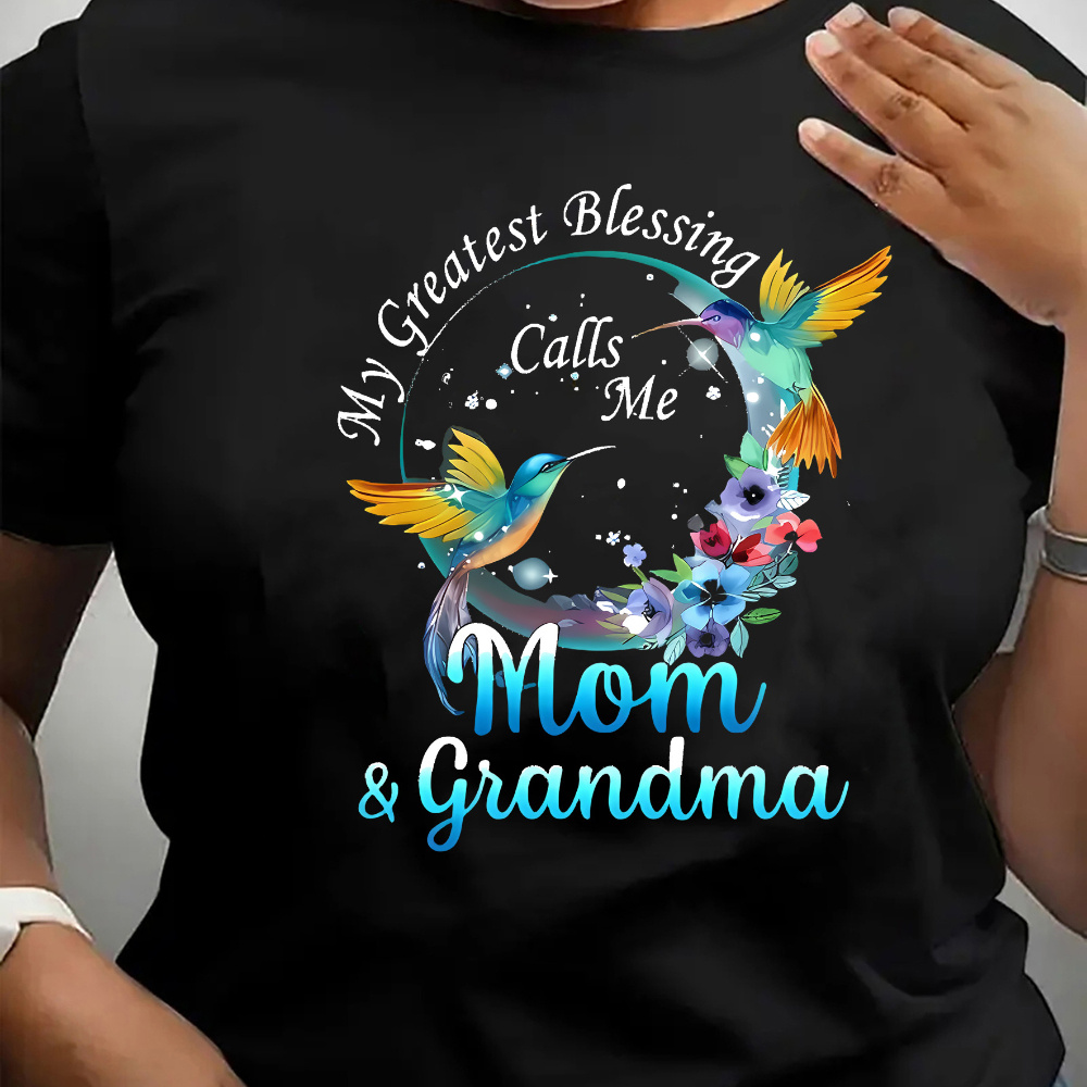 

Women's Casual Crew Neck T-shirt With "my Greatest Blessing Calls Me Mom & Grandma" Print - Polyester Knit Fabric With Spandex, Cartoon Pattern, Perfect For All Seasons