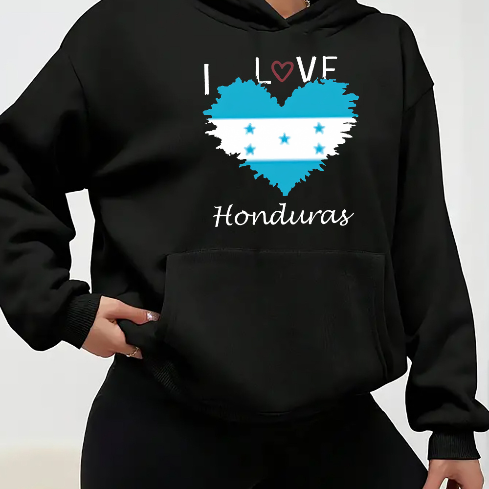 

Women's I Love Honduras Flag Print Hoodie - Knit Polyester Casual Hooded Sweatshirt With Kangaroo Pocket For Fall/winter