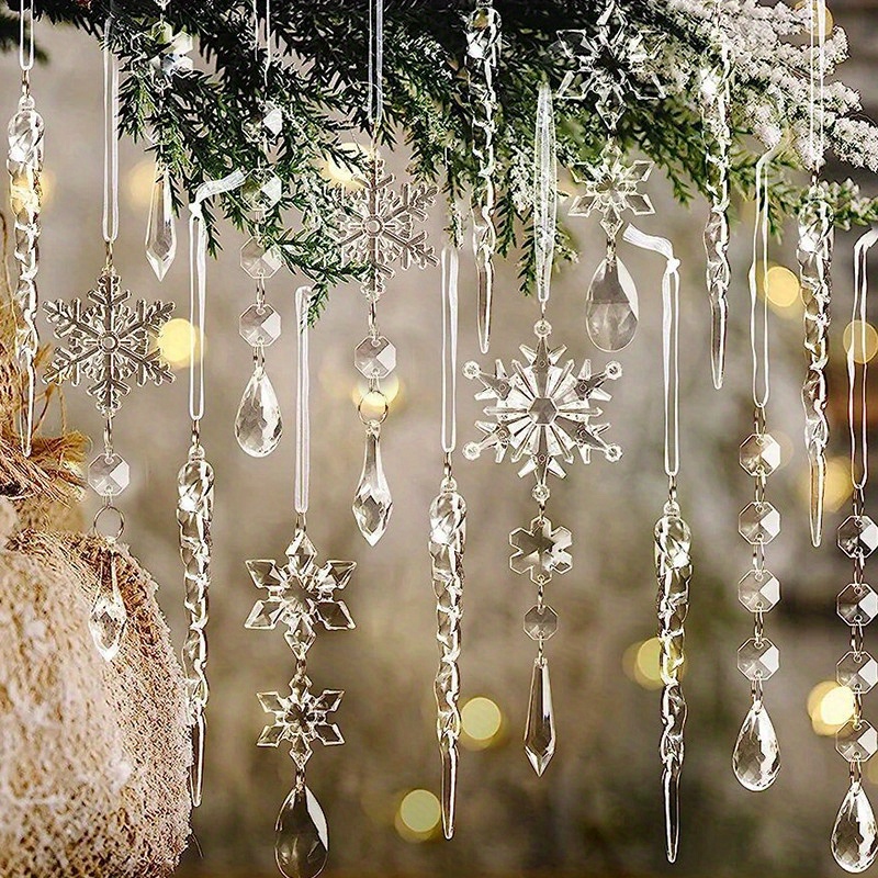 

2d Flat, 18pcs Sparkling Crystal Christmas Tree Ornaments - -resistant Acrylic, Elegant Snowflake & Teardrop Designs, Easy To Hang, Holiday, New Year, Wedding, And Decor