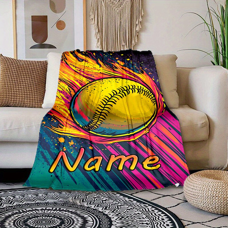 

Custom Name Printed Polyester Blanket, Sports Tennis Ball Design, Soft And Warm, Ideal For Naps, Camping, Travel, All-season Outdoor Use, Machine Washable