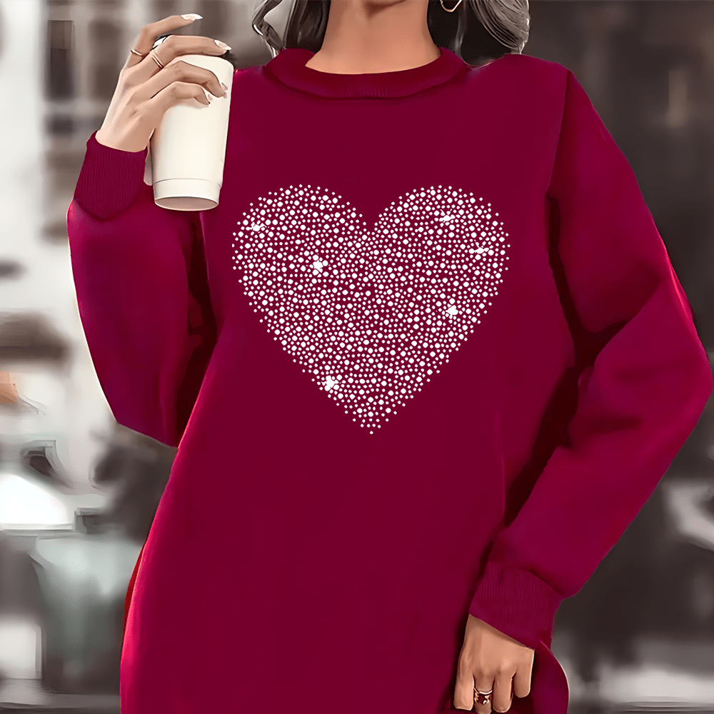 

Plus Size Casual Sweatshirt Dress With Heart Pattern - 100% Polyester Knit Fabric, Crew Neck, Long Sleeve, Slight Stretch, Fall/winter Cozy Plus Size Fashion Pullover Dress