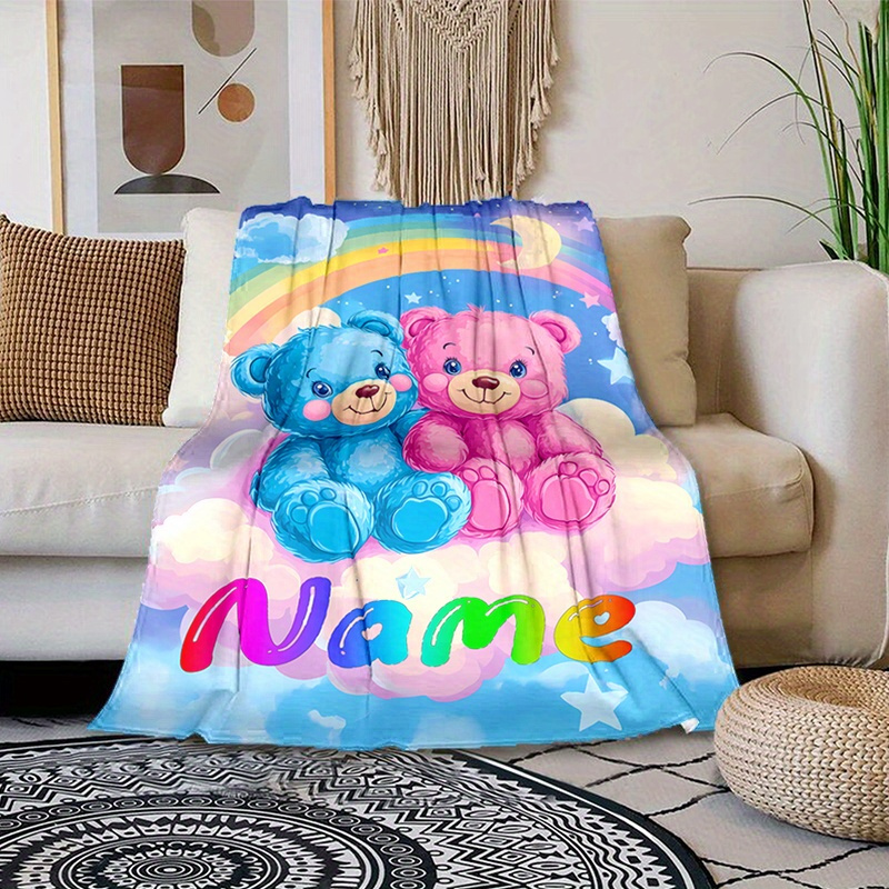 

Custom Name Printed Polyester Blanket With Bear And Cloud Design - Chunky Knit, All-season, Uncharged, Hand/machine Washable - Perfect For Naps, Camping, And Travel - Ideal Gift For Family And Friends