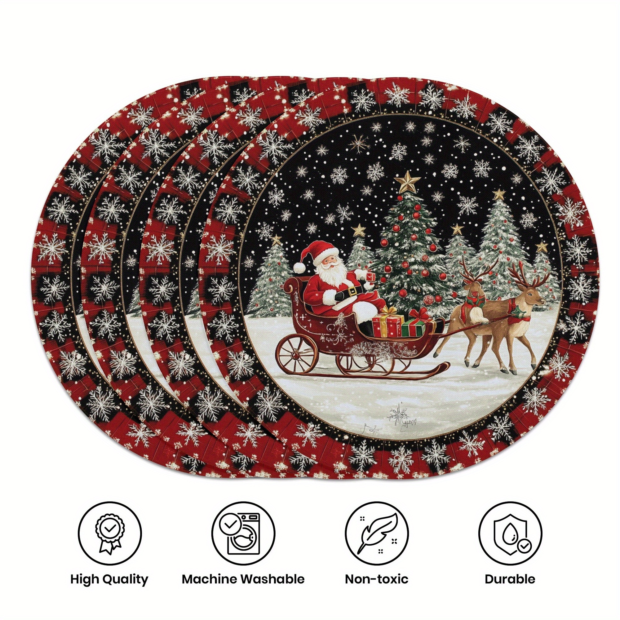 

Festive 4pcs Set Of 15" Round Hand-woven Linen Placemats - Christmas Themed, Non-slip & Heat Resistant - Holiday Dining & Home Decor, Christmas Decor