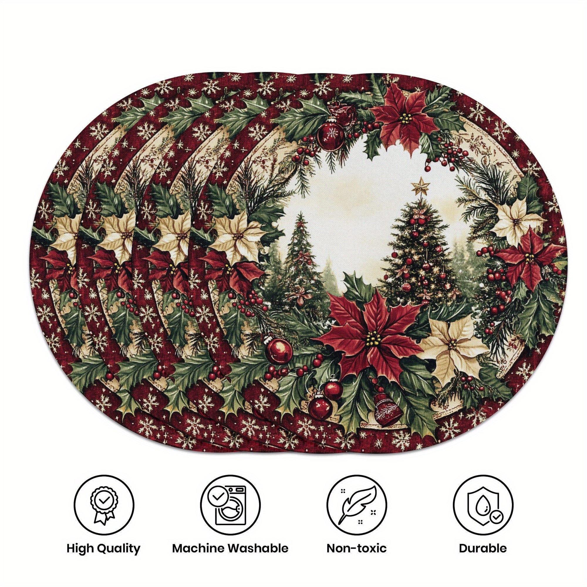 

4-piece Christmas Placemat Set - 15" Round Polyester Woven Non-slip Heat Resistant Winter Placemats With Pattern For Dining And Furniture Decor - Machine Washable