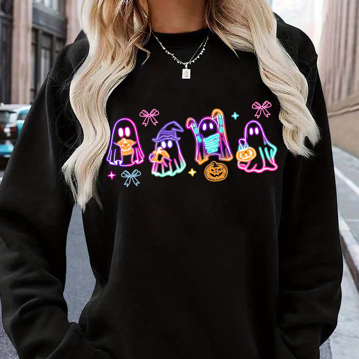 

Coquette Halloween Neon Crew Neck Sweatshirt - Casual Long Sleeve Pullover For Women, Fall & Winter