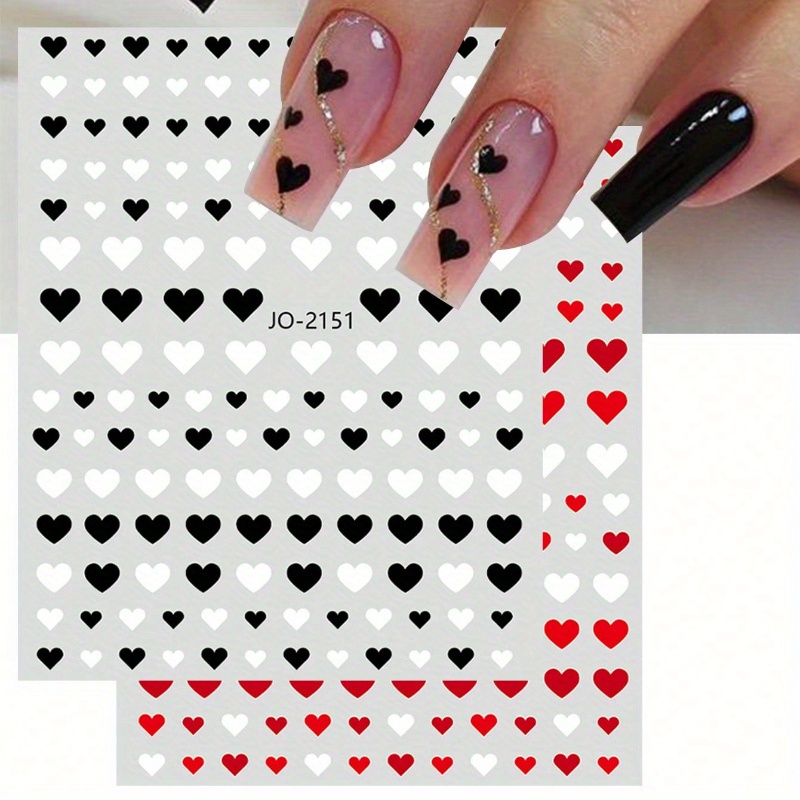 

2pcs Heart Pattern Nail Art Stickers, 3d Adhesive Decals, , Plastic Material, With Black, White, And For Valentine's Day Manicure