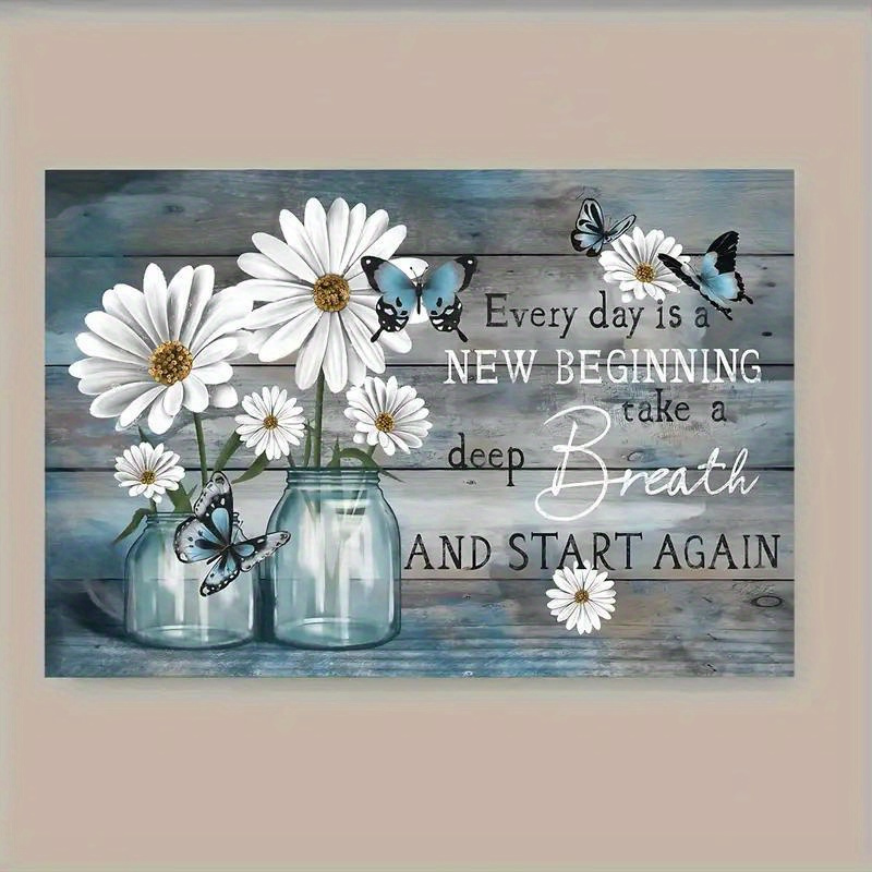 

1pc 40x60cm/ 16*24in Wooden Framed Canvas Painting Daisies Flower Blue Butterfly Flower Inspirational Wall Art Poster Painting, Every Day Is A , For Home Decoration, Living Room And Bedroo